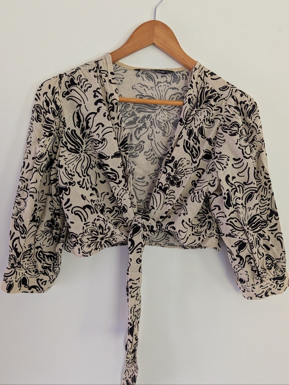 Zara Linen Blend Cropped Floral Print Tie Blouse Size Small